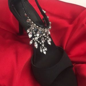 Black Satin and Clear Jewel Strappy Heels